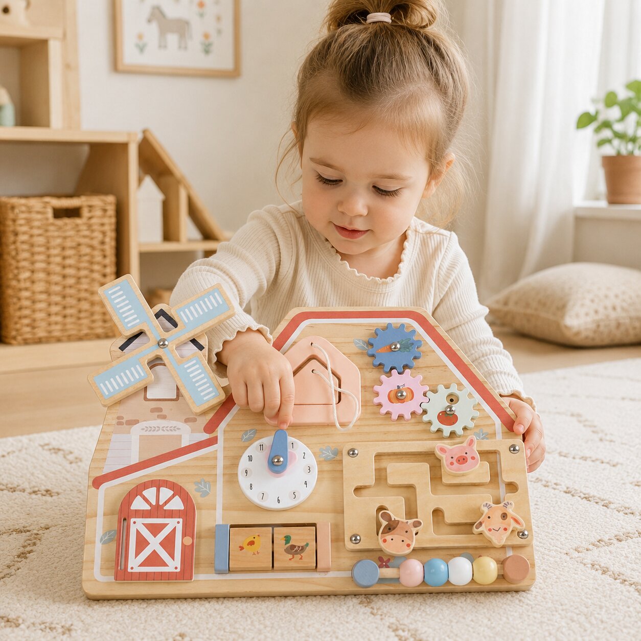 Дете играе с дървена активна дъска ферма GINGER HOME за развитие на координация и логическо мислене