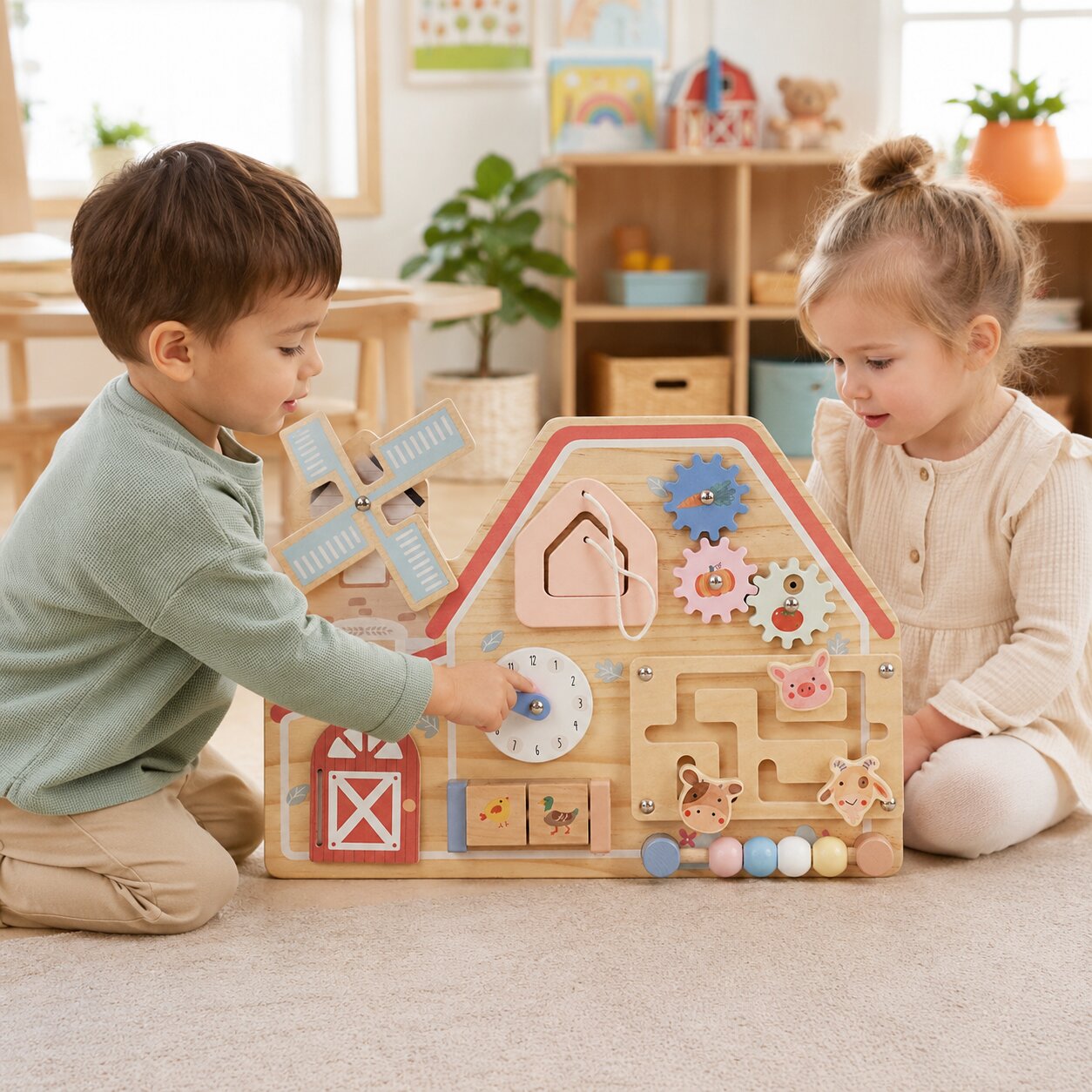 Деца разглеждат Монтесори активна дъска ферма GINGER HOME с животни, мъниста и движещи се елементи