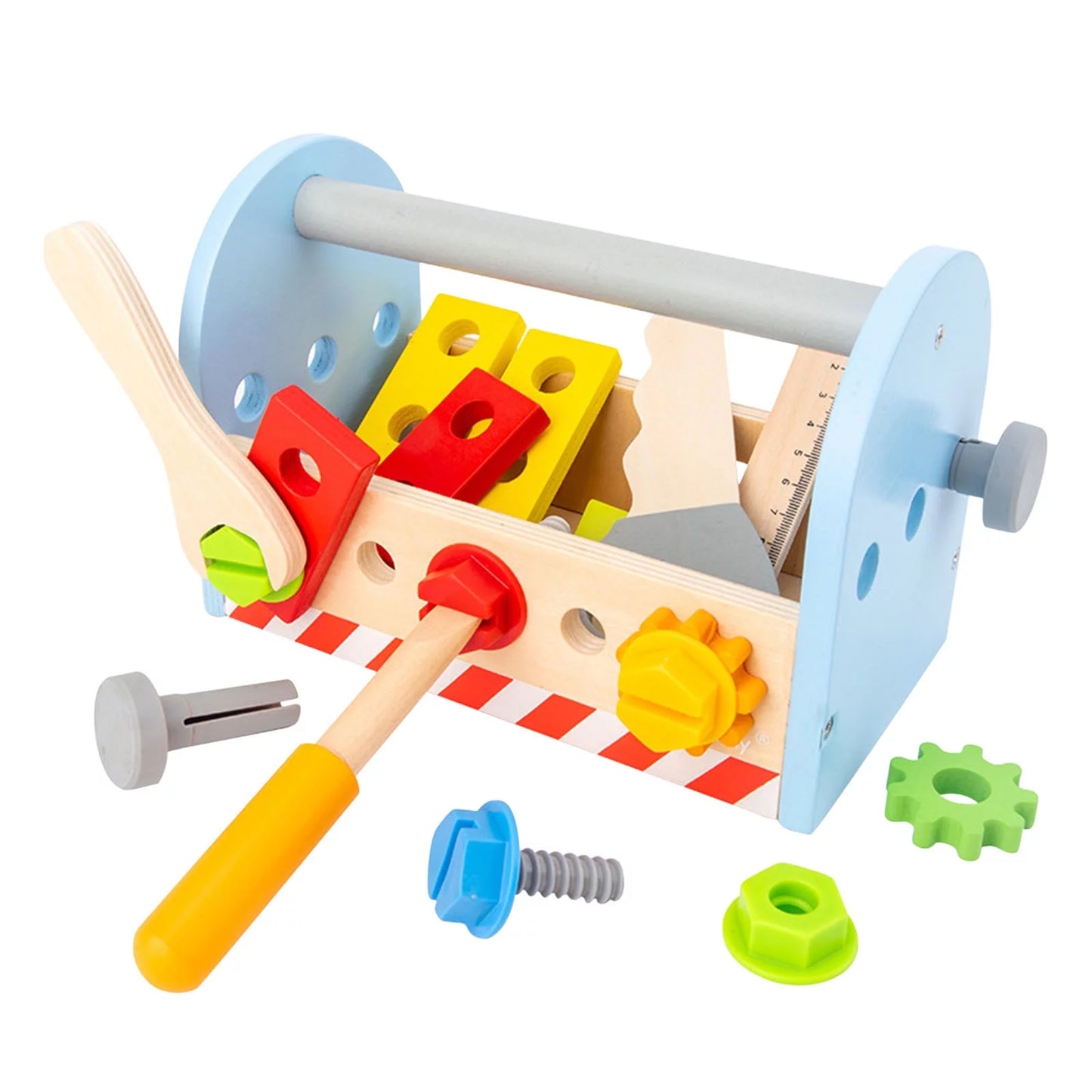 Attrezzi in legno in una custodia per il trasporto, set da gioco, 22x12x15 cm.