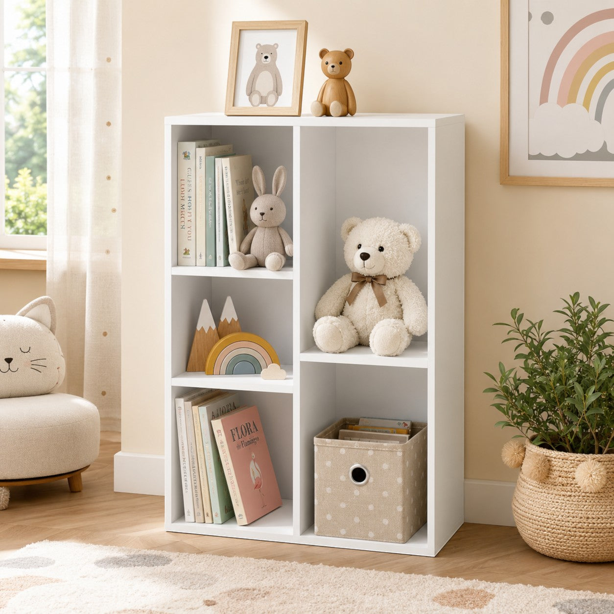 Детска Етажерка GINGER HOME с 5 Отделения, Бял Органайзер за Книги и Играчки, 49.5×24×80 см