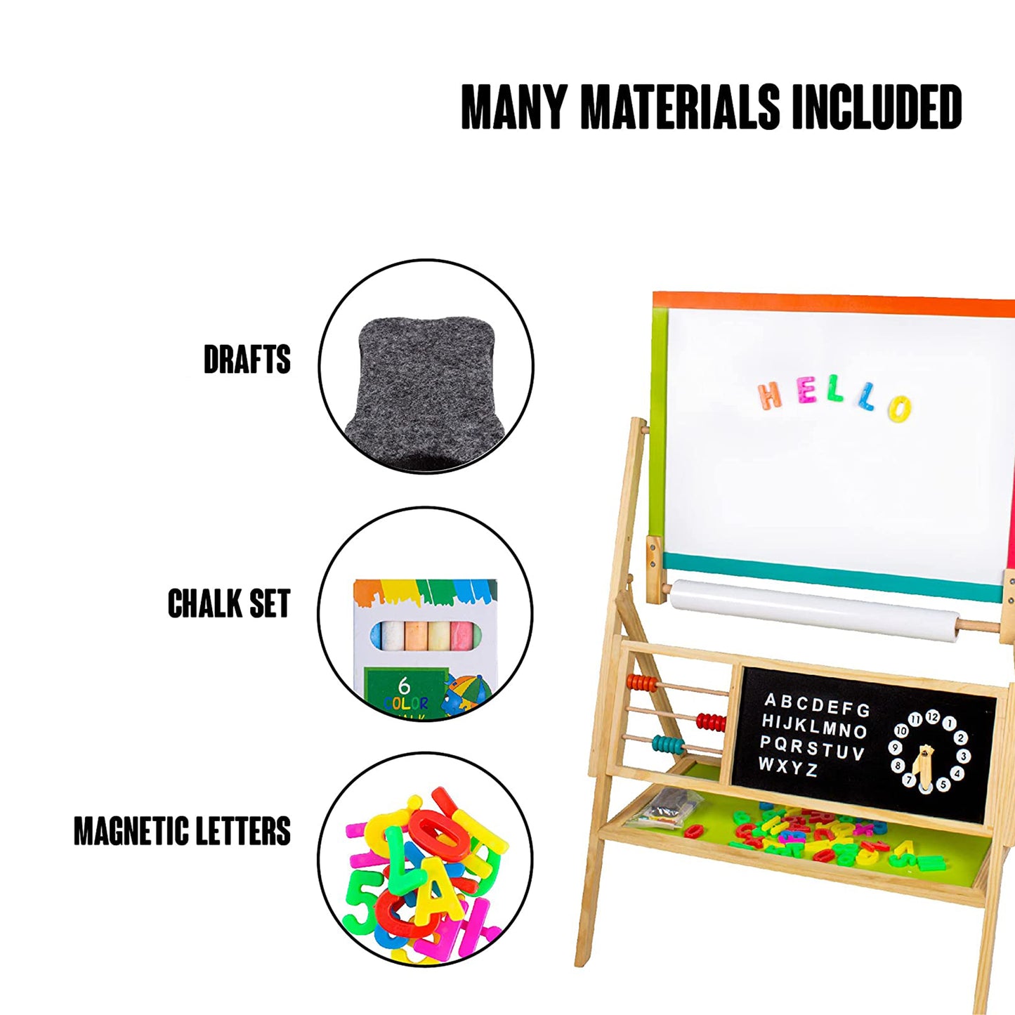 Детска Дървена Дъска, Статив 3 в 1 - Черна дъска, Магнитна Дъска, Бяла Дъска с Аксесоари