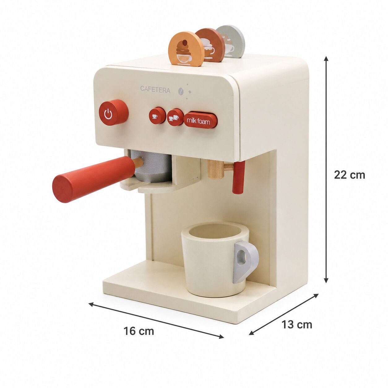 Размери на детска дървена кафе машина GINGER HOME 16x13x22 см с чаша и аксесоари