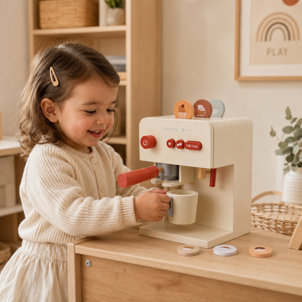 Дете играе с детска дървена кафе машина GINGER HOME и чаша в уютен кът за игра
