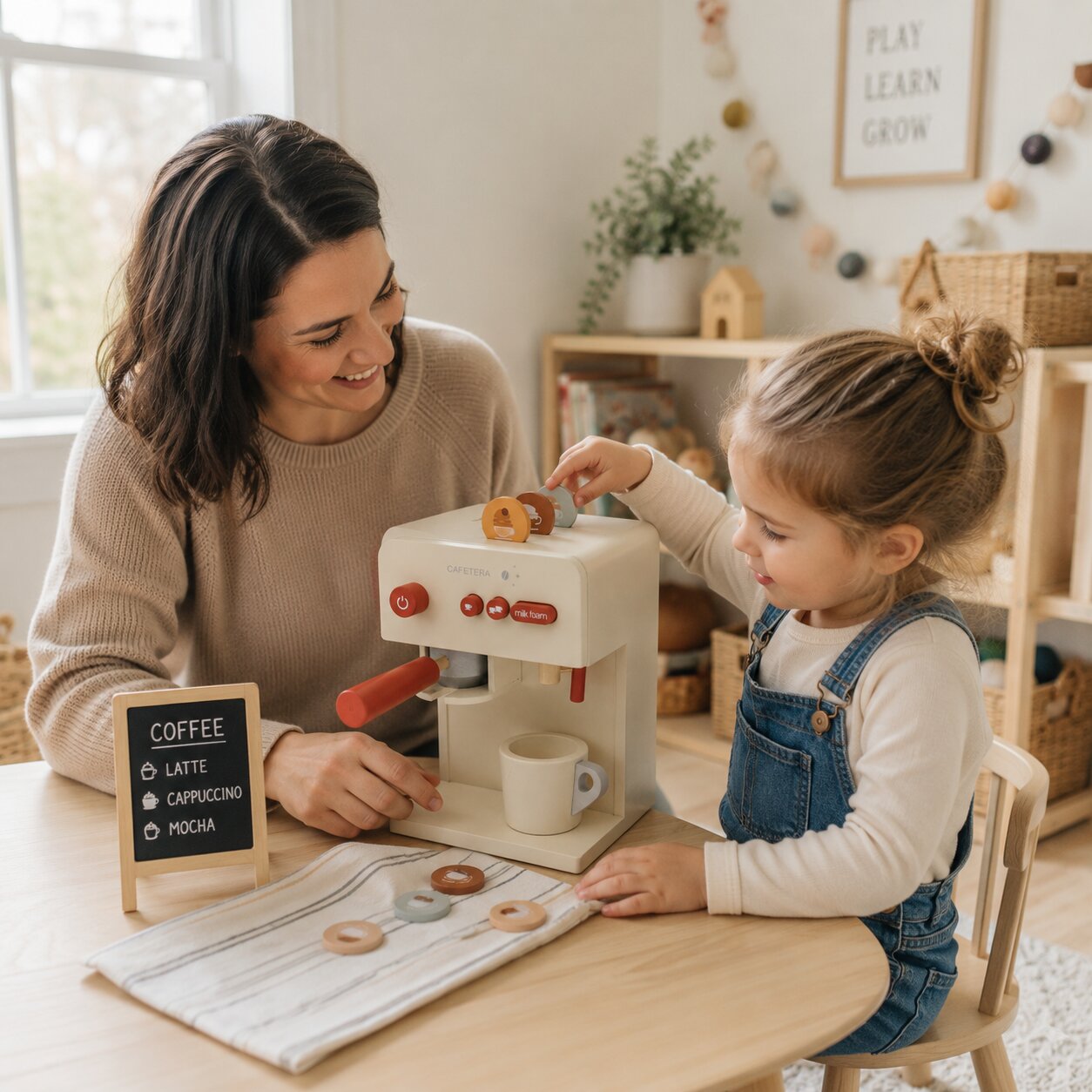 Дете и родител играят с дървена кафе машина GINGER HOME, чаша и дискове с напитки
