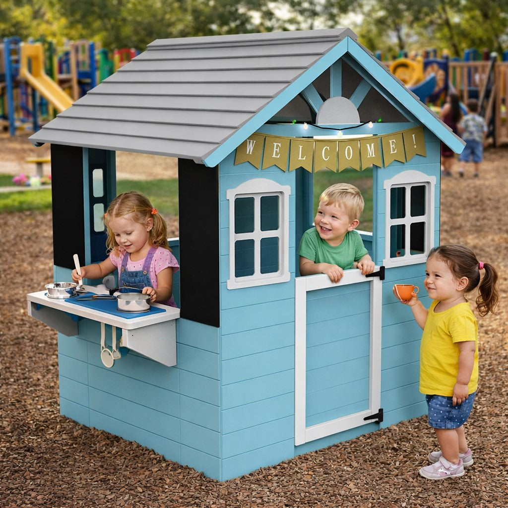 Деца играят с детска дървена къща GINGER HOME в двор