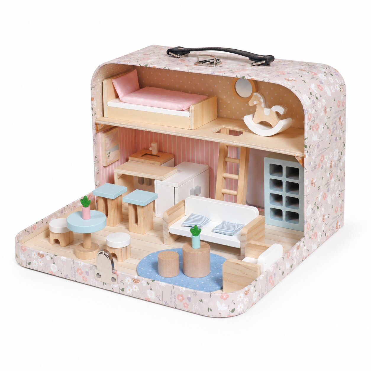 Преносима мини къща за кукли GINGER HOME с мебели, легло, диван, люлеещо конче, стълба и дръжка за носене