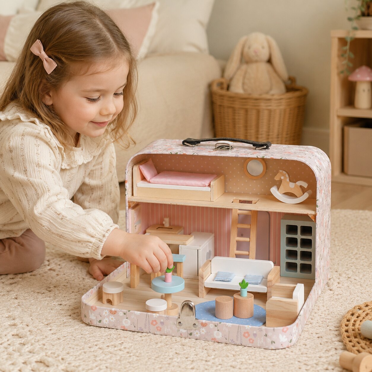 Дете играе с детска дървена къща куфар GINGER HOME, мини мебели и аксесоари за кукли
