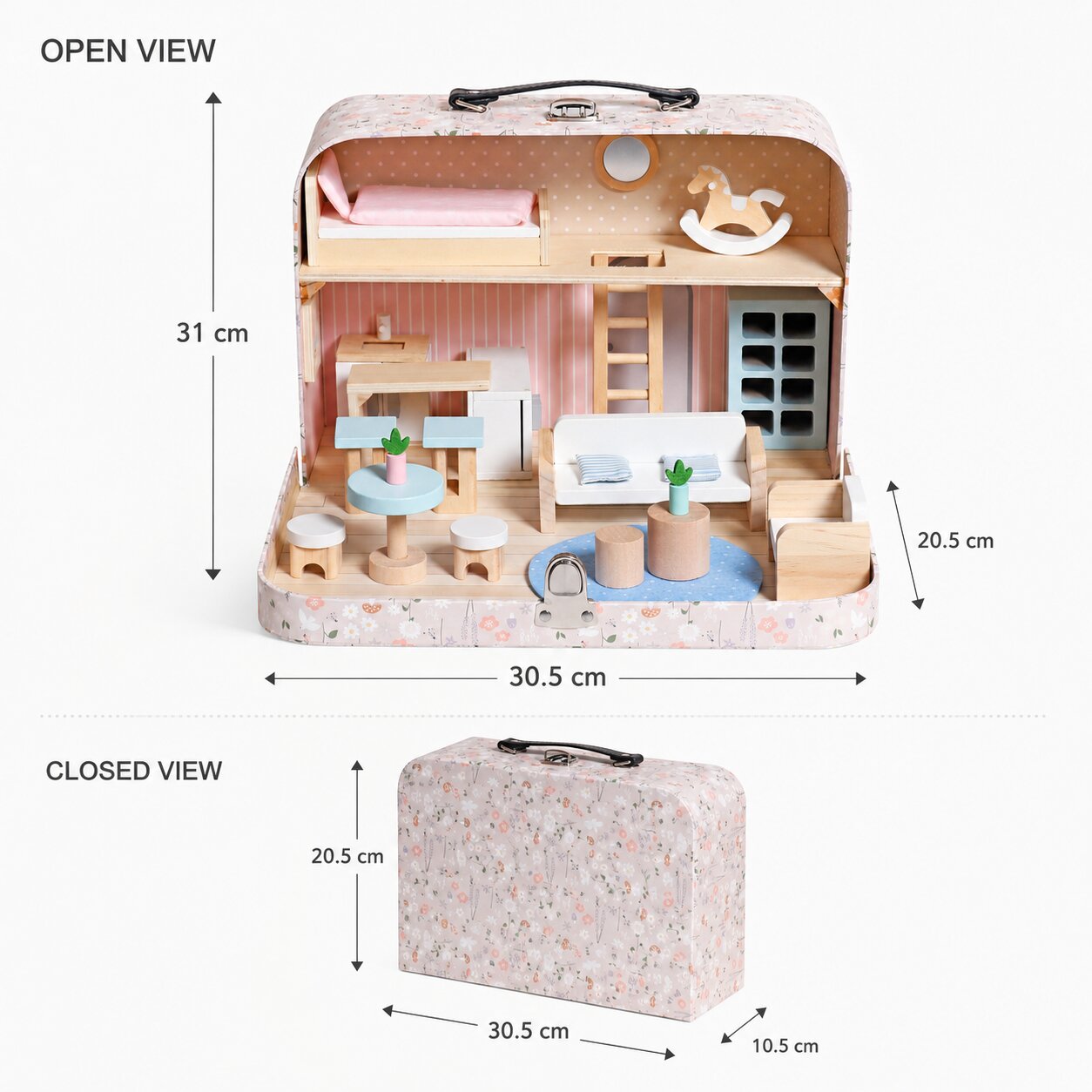 Детска дървена къща куфар GINGER HOME с отворен и затворен изглед, размери 30.5x20.5x10.5 см и височина 31 см при отваряне