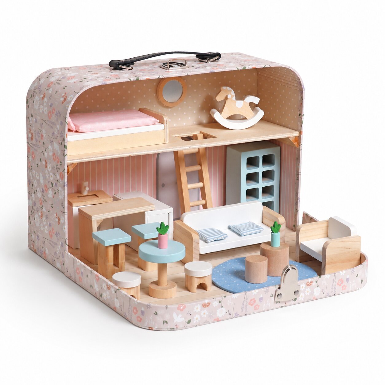Детска дървена къща куфар GINGER HOME, преносима мини къща за кукли с мебели, аксесоари и розов флорален дизайн
