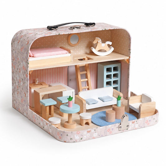 Детска дървена къща куфар GINGER HOME, преносима мини къща за кукли с мебели, аксесоари и розов флорален дизайн
