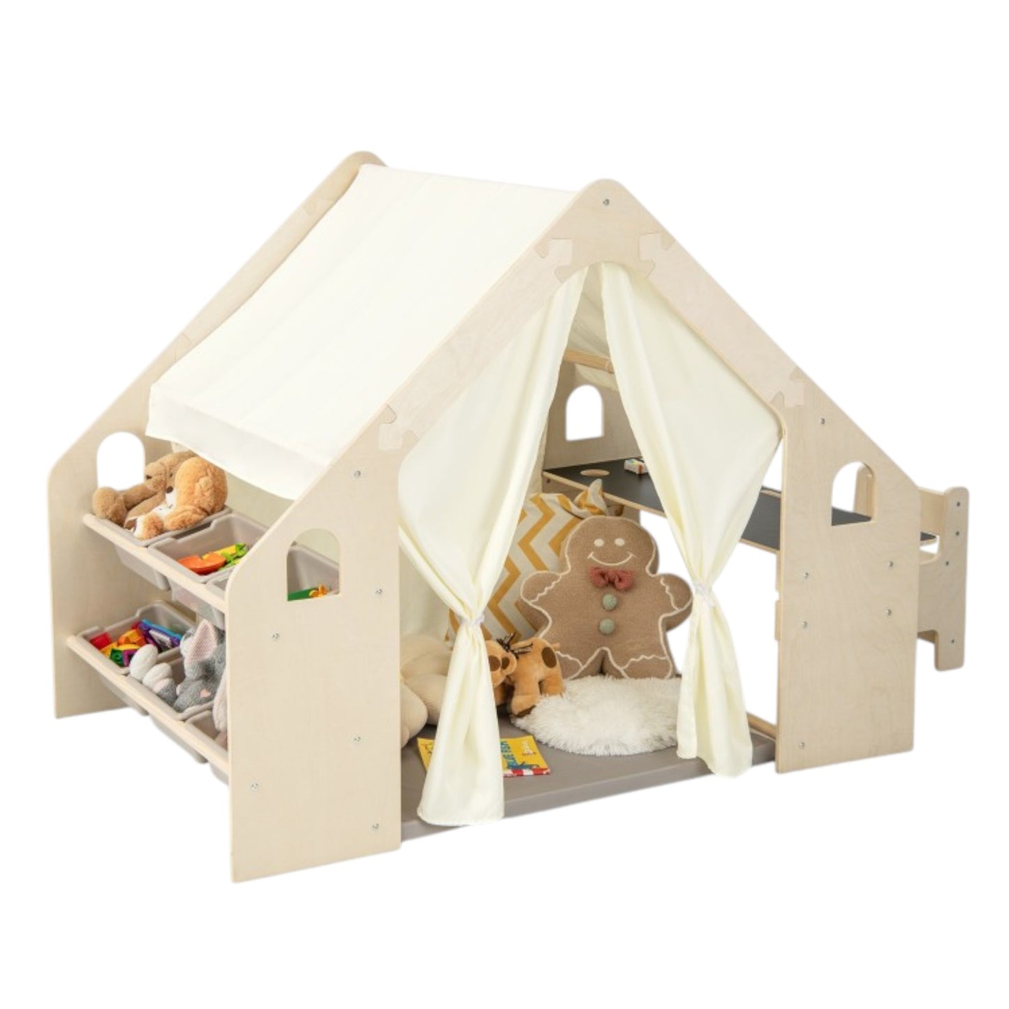 Casetta in legno per bambini 6 in 1 GINGER HOME – Sedia, tavolo, lavagna, organizer, tenda da sole e morbido materassino