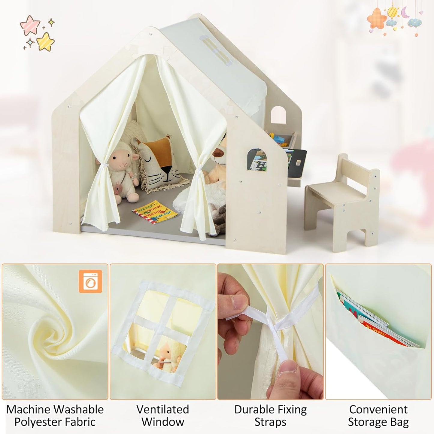 Casetta in legno per bambini 6 in 1 GINGER HOME – Sedia, tavolo, lavagna, organizer, tenda da sole e morbido materassino