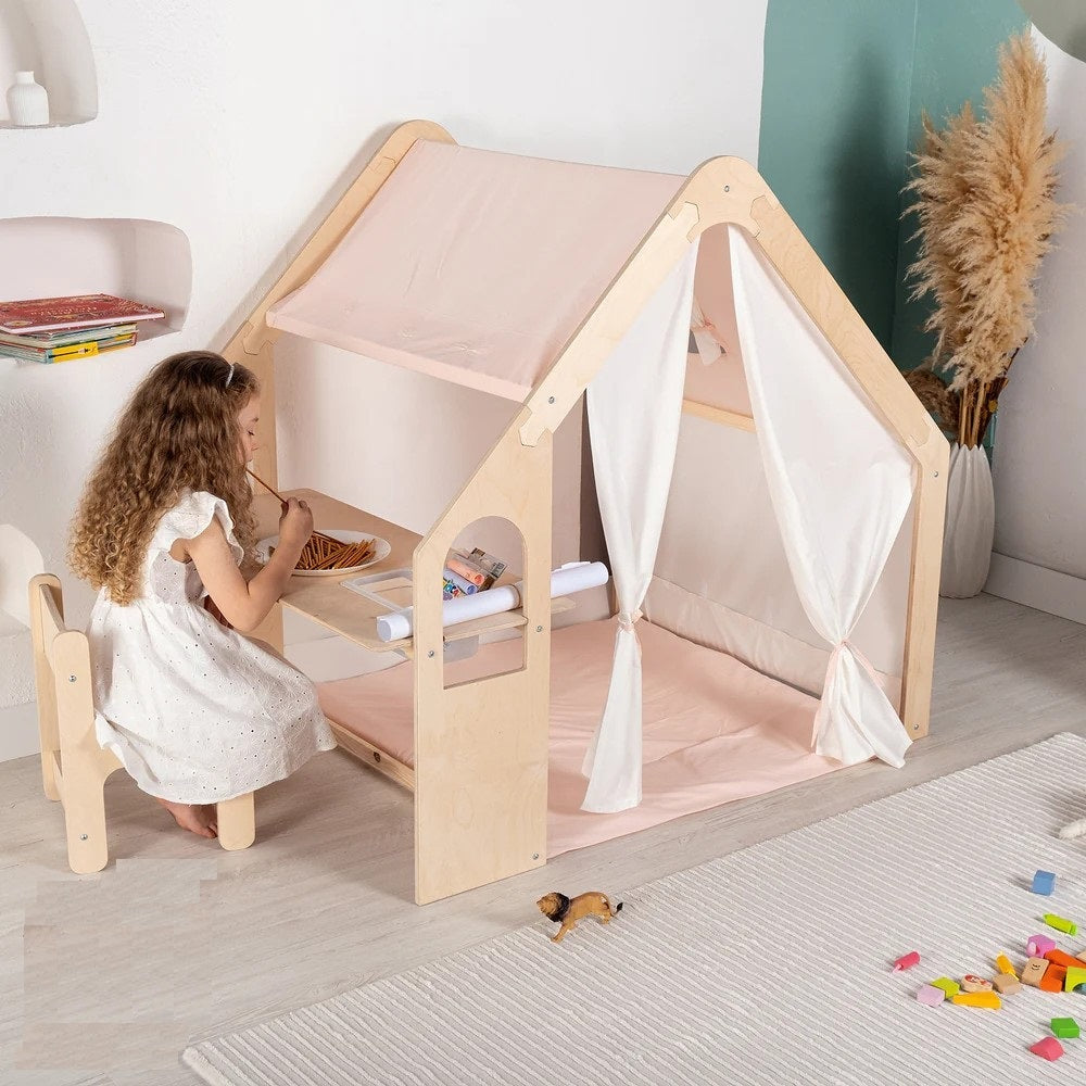 Casetta in legno per bambini 6 in 1 GINGER HOME – Sedia, tavolo, lavagna, organizer, tenda da sole e morbido materassino