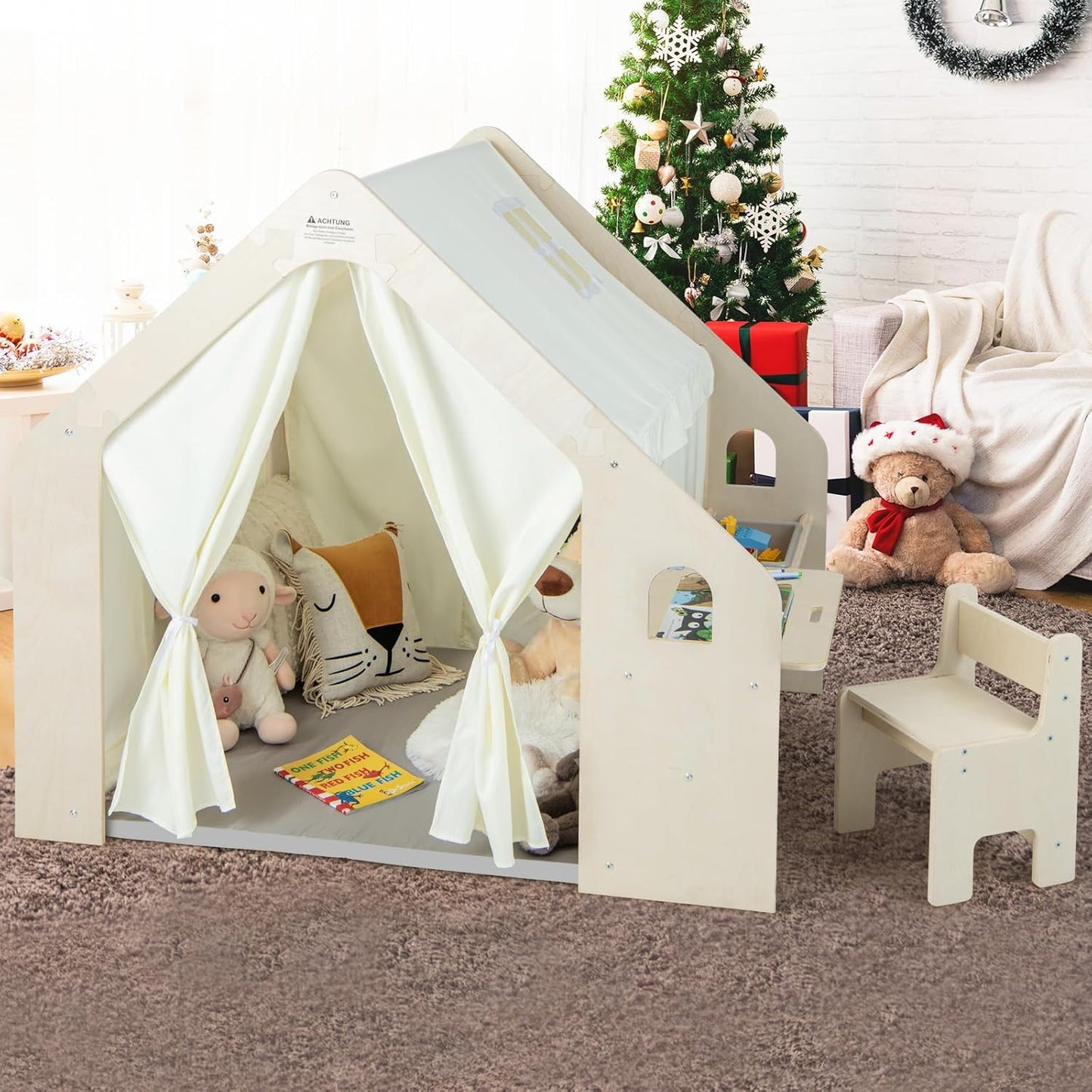 Casetta in legno per bambini 6 in 1 GINGER HOME – Sedia, tavolo, lavagna, organizer, tenda da sole e morbido materassino