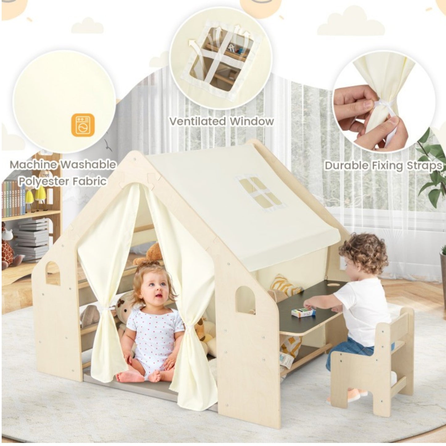 Casetta in legno per bambini 6 in 1 GINGER HOME – Sedia, tavolo, lavagna, organizer, tenda da sole e morbido materassino