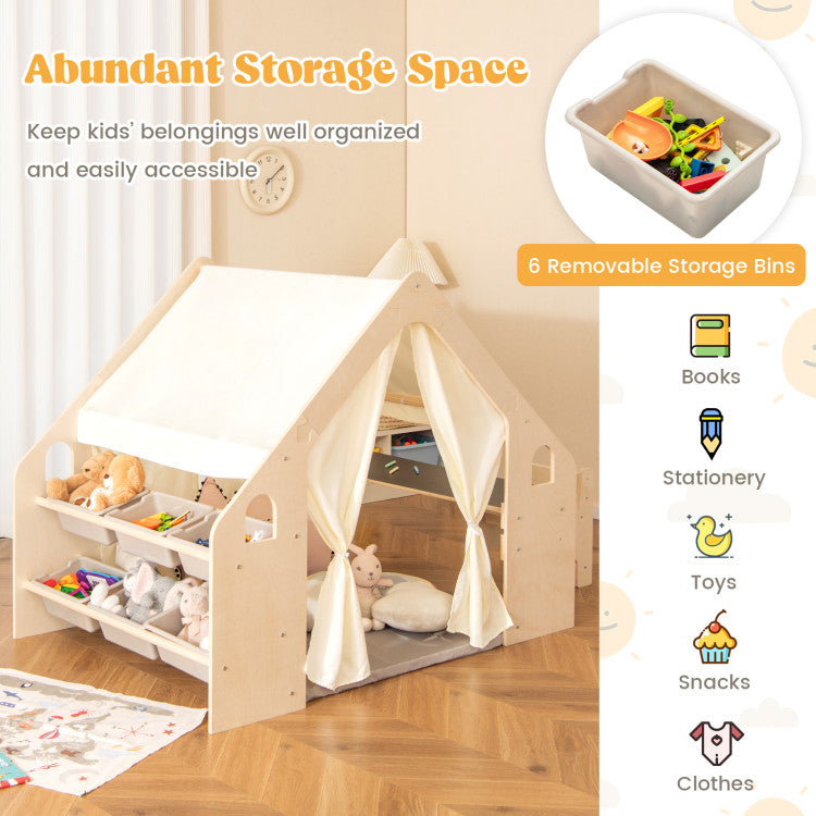 Casetta in legno per bambini 6 in 1 GINGER HOME – Sedia, tavolo, lavagna, organizer, tenda da sole e morbido materassino