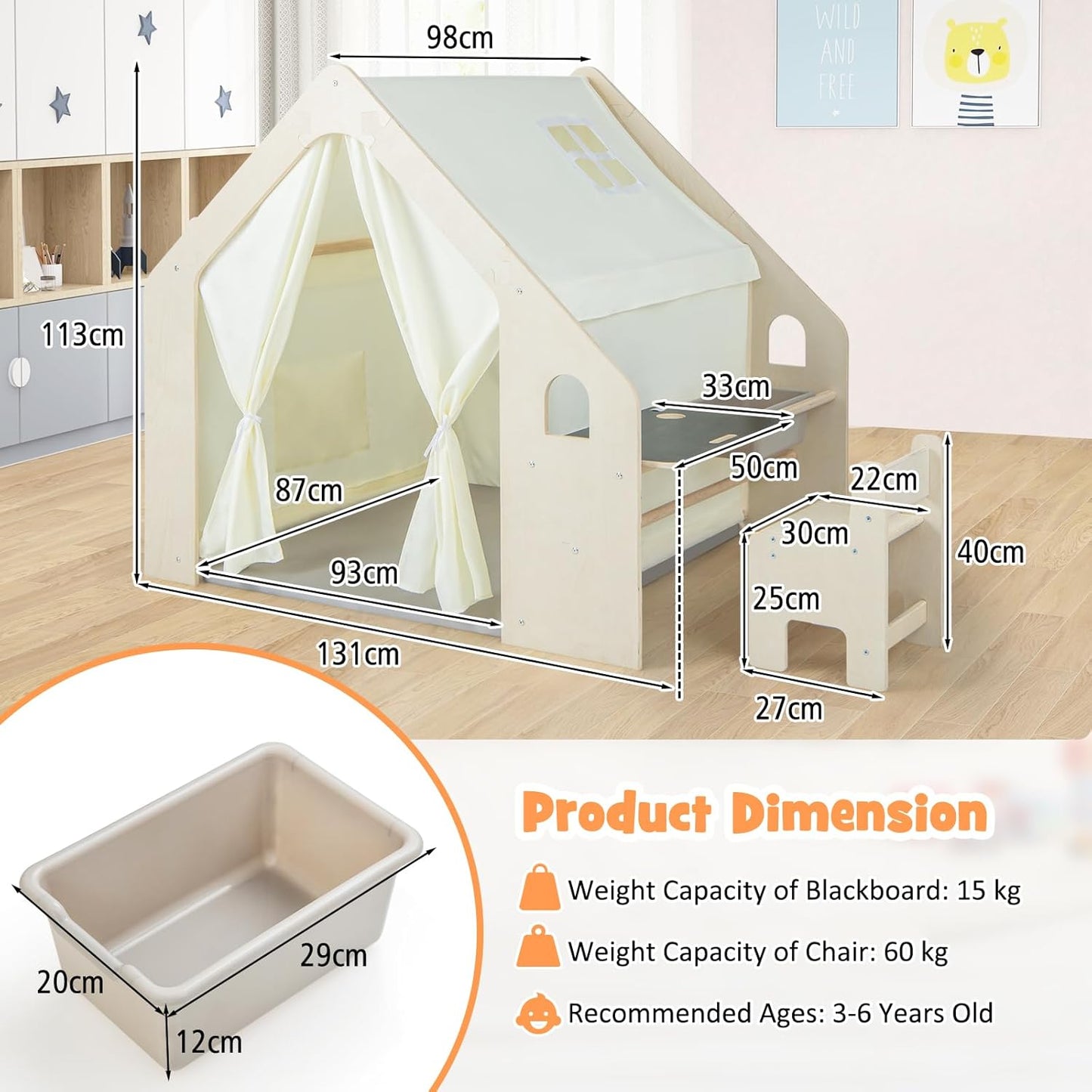 Casetta in legno per bambini 6 in 1 GINGER HOME – Sedia, tavolo, lavagna, organizer, tenda da sole e morbido materassino