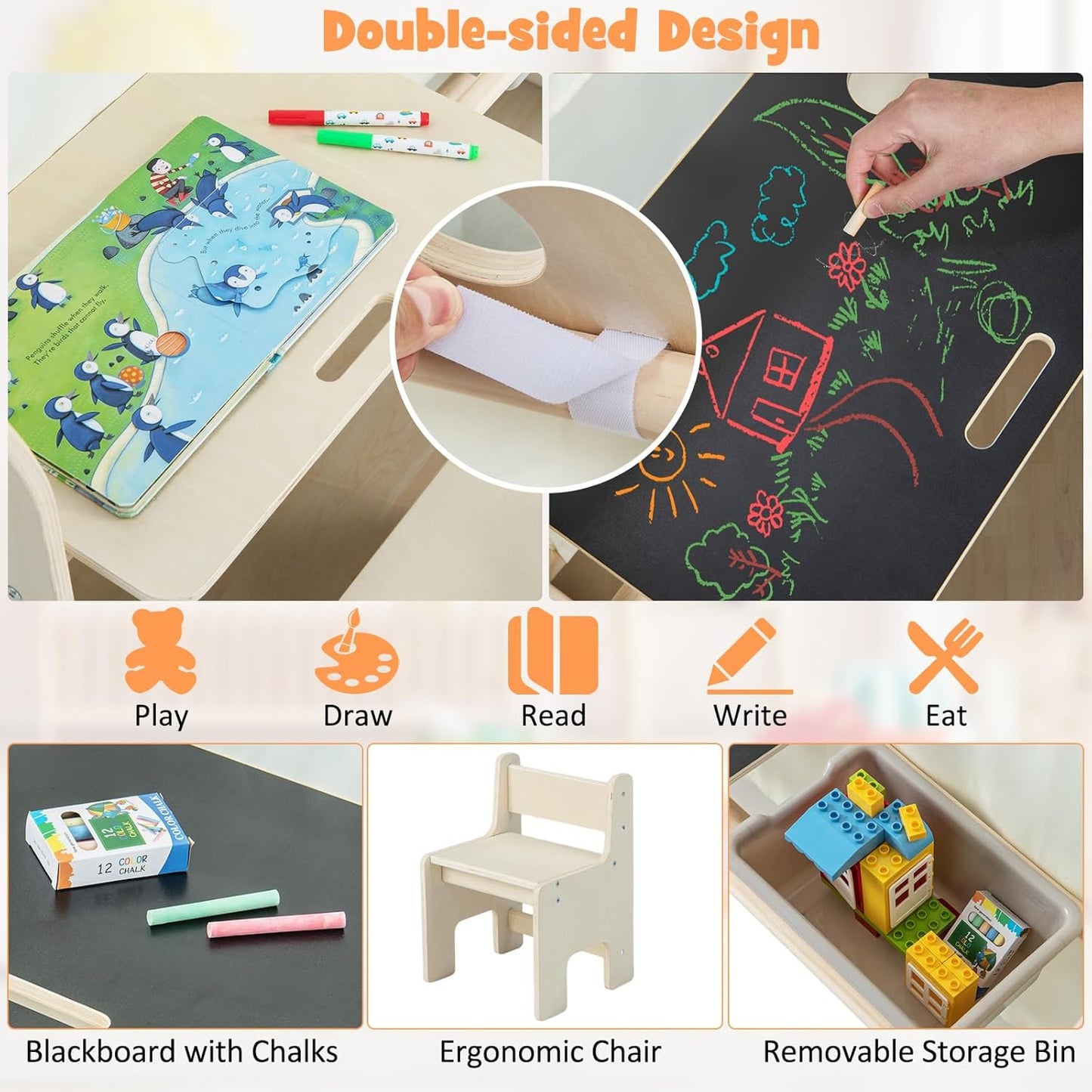 Casetta in legno per bambini 6 in 1 GINGER HOME – Sedia, tavolo, lavagna, organizer, tenda da sole e morbido materassino