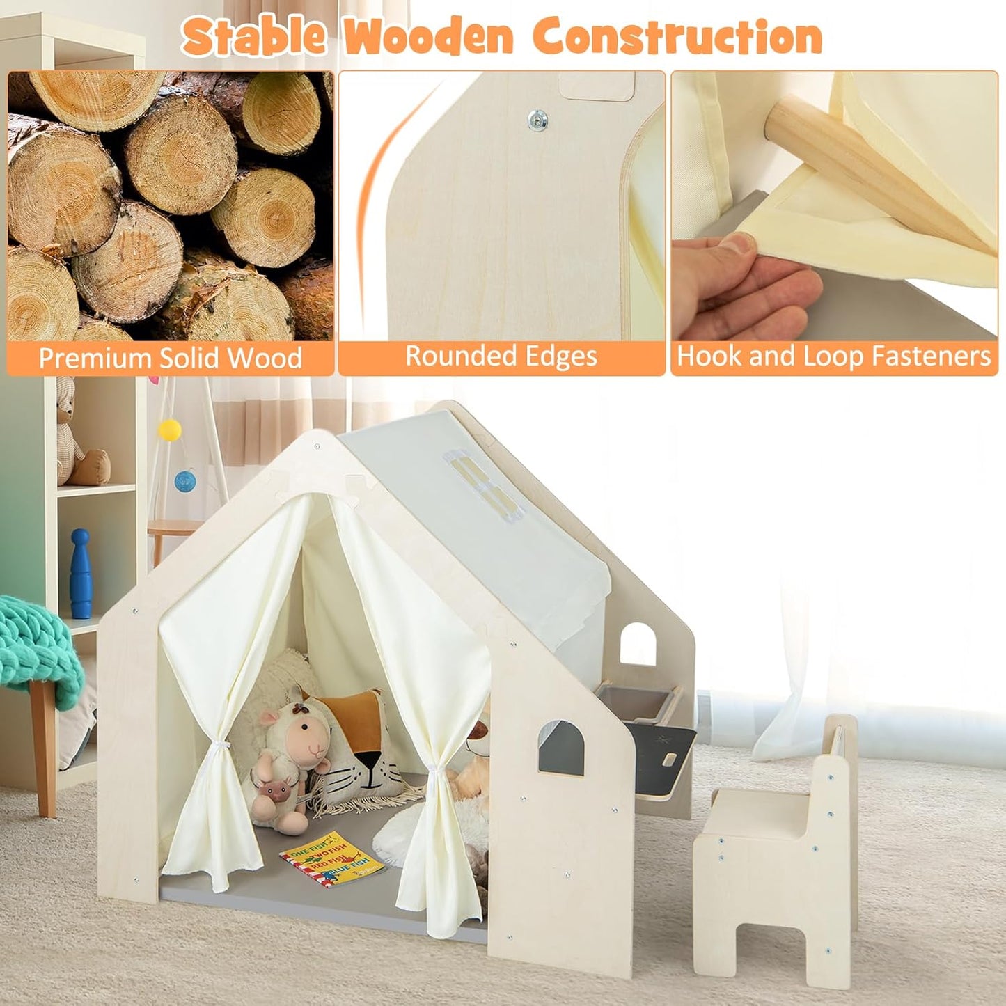 Casetta in legno per bambini 6 in 1 GINGER HOME – Sedia, tavolo, lavagna, organizer, tenda da sole e morbido materassino