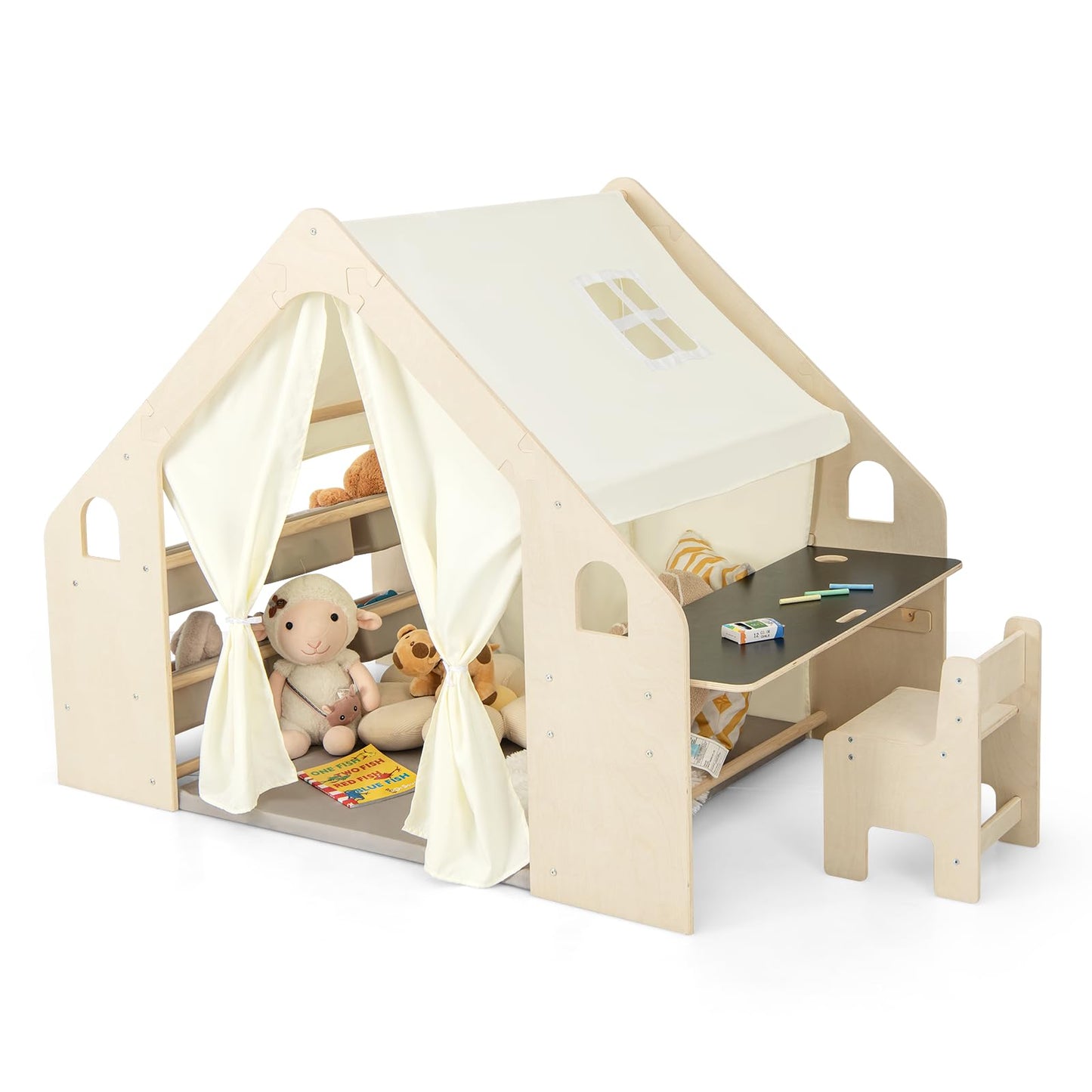 Casetta in legno per bambini 6 in 1 GINGER HOME – Sedia, tavolo, lavagna, organizer, tenda da sole e morbido materassino