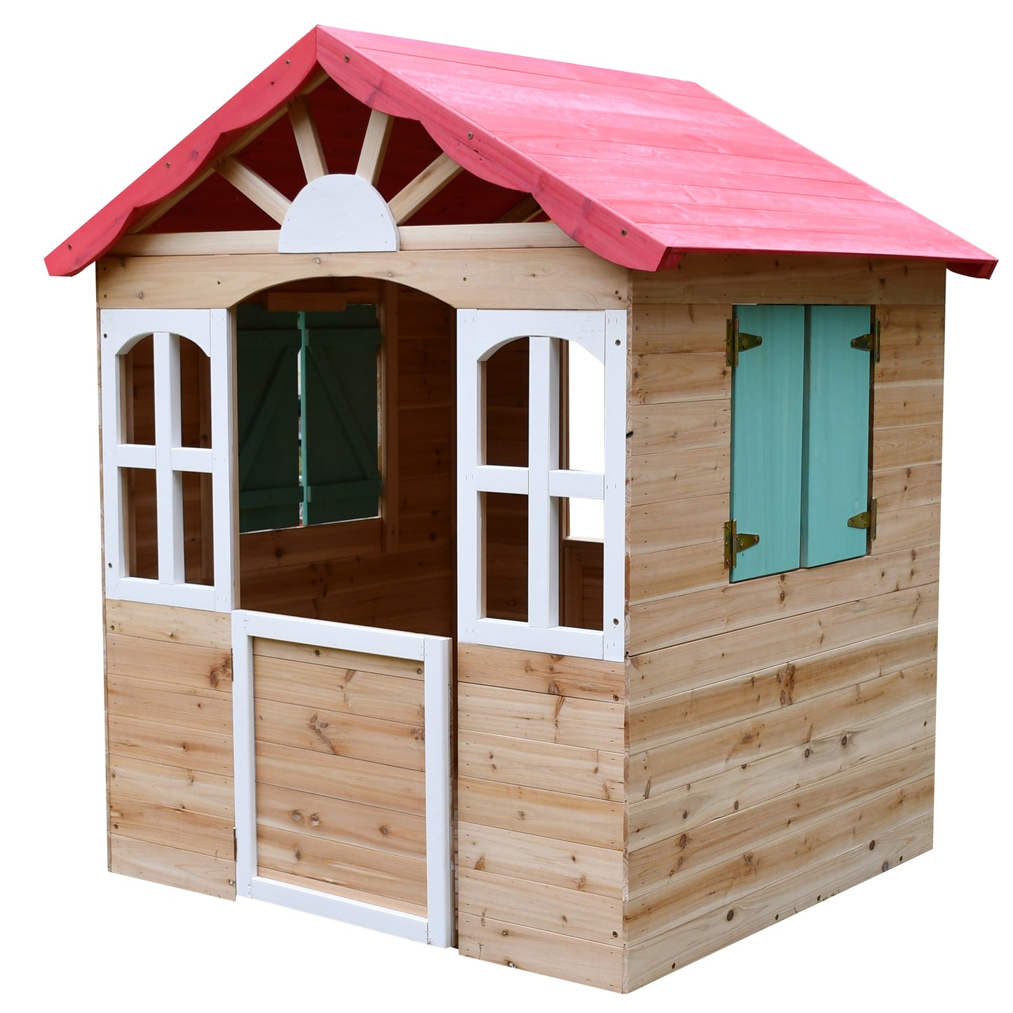 Преден изглед на детска дървена къщичка GINGER HOME за игра на открито