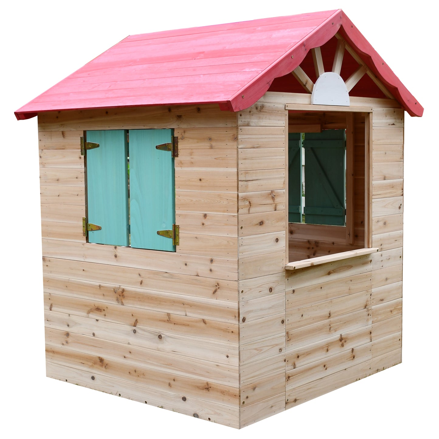 Страничен изглед на детска дървена къщичка GINGER HOME за игра на открито