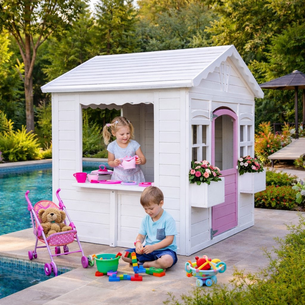 Деца играят около детска дървена къщичка GINGER HOME в двор