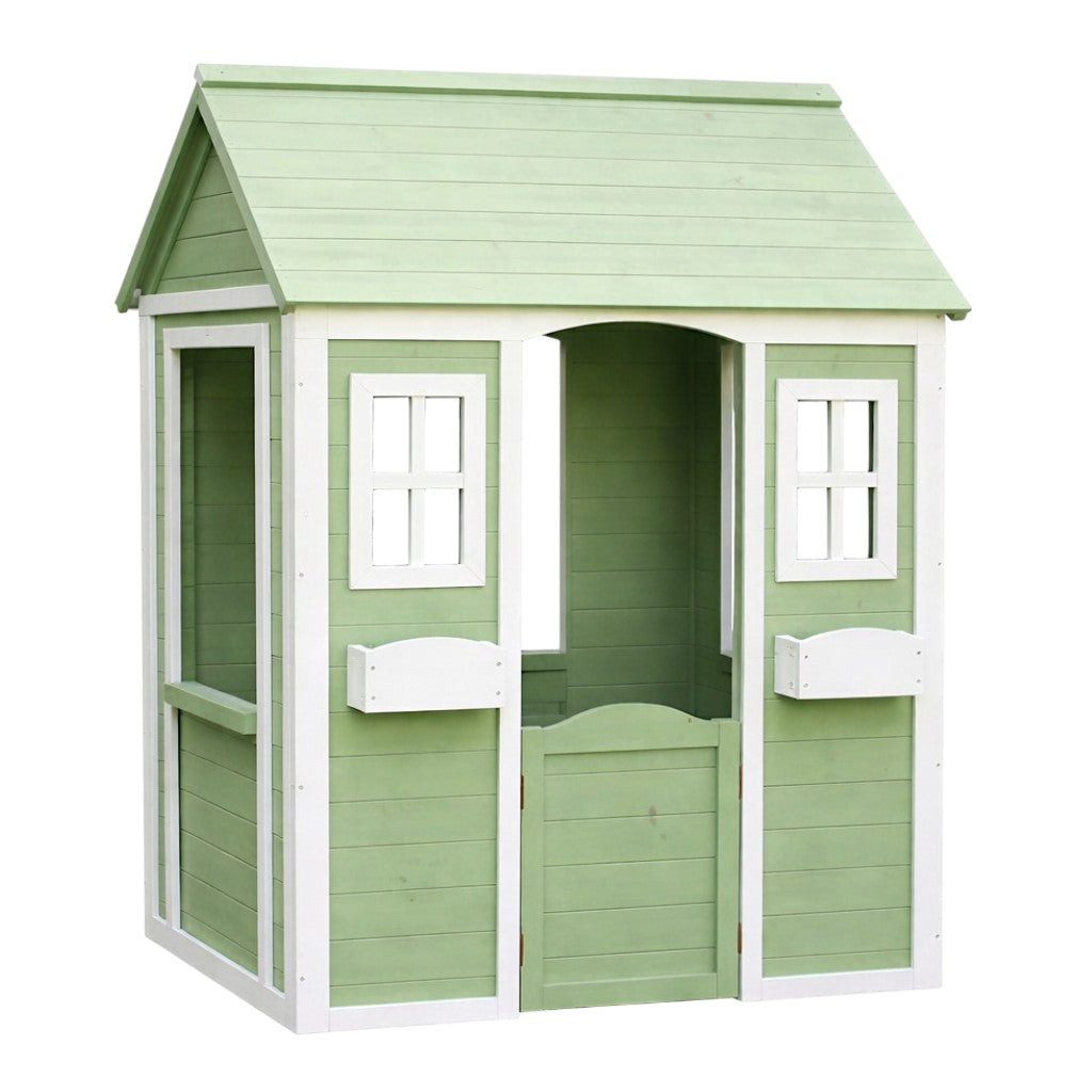 Детска дървена къщичка за игра на открито GINGER HOME в зелено и бяло, подходяща за двор и градина