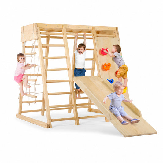 Детска дървена катерушка Ginger Home с деца с пързалка, стълби, въжена мрежа и стена за катерене