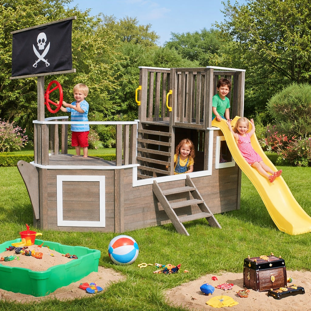 Детска дървена катерушка пиратски кораб в двор и градина