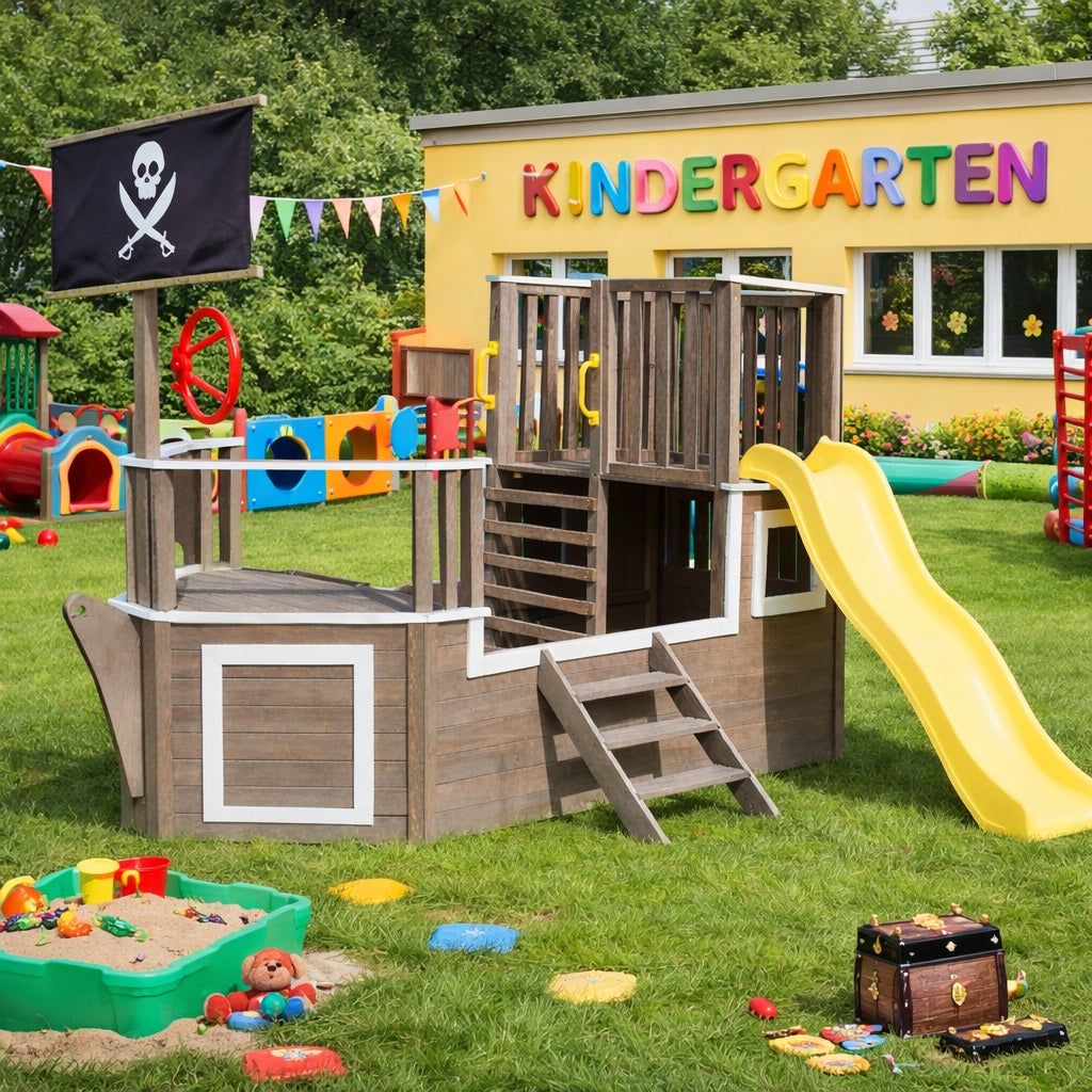 Голяма детска дървена катерушка пиратски кораб за двор и градина