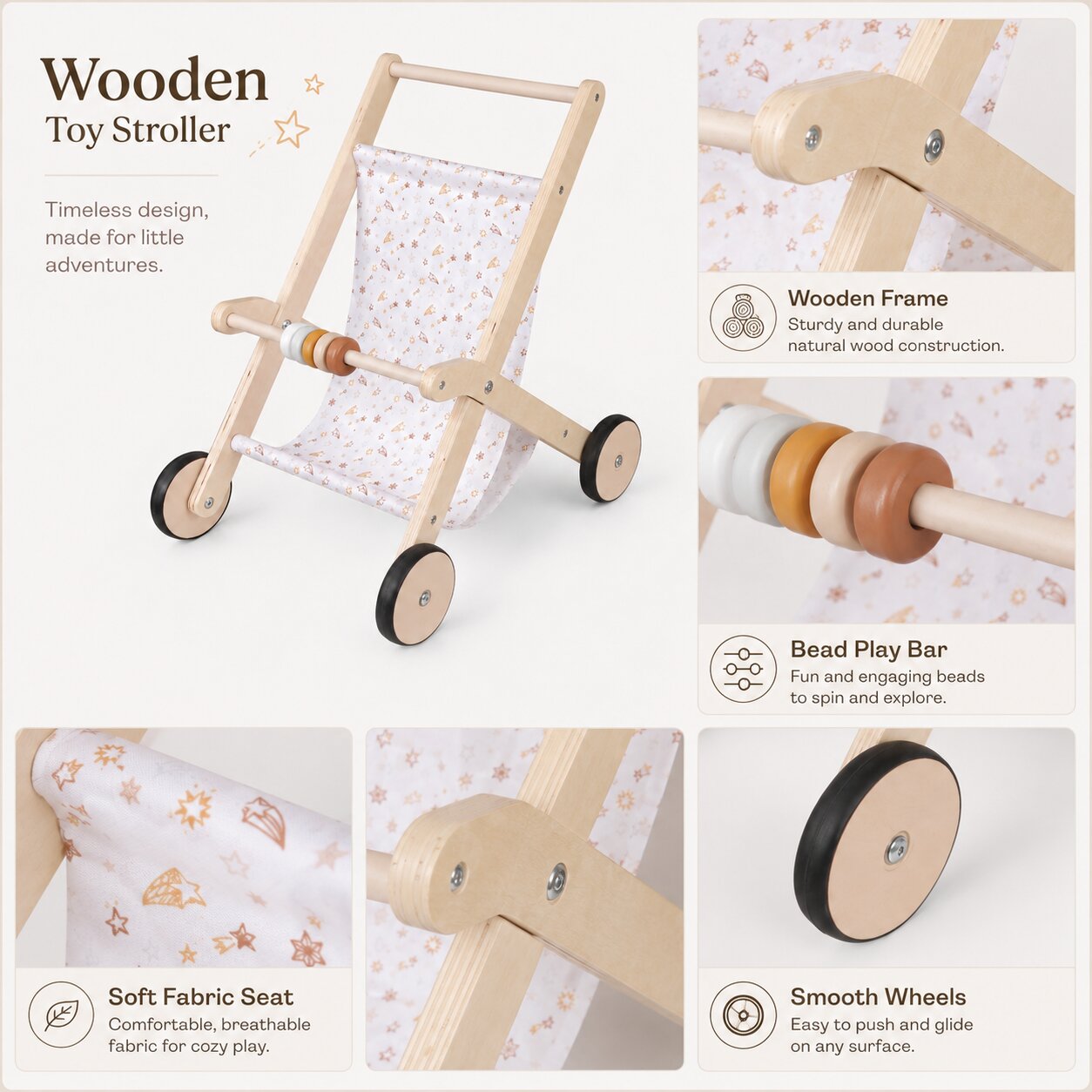 Дете бута дървена количка за кукли GINGER HOME с мек текстилен кош в детска стая