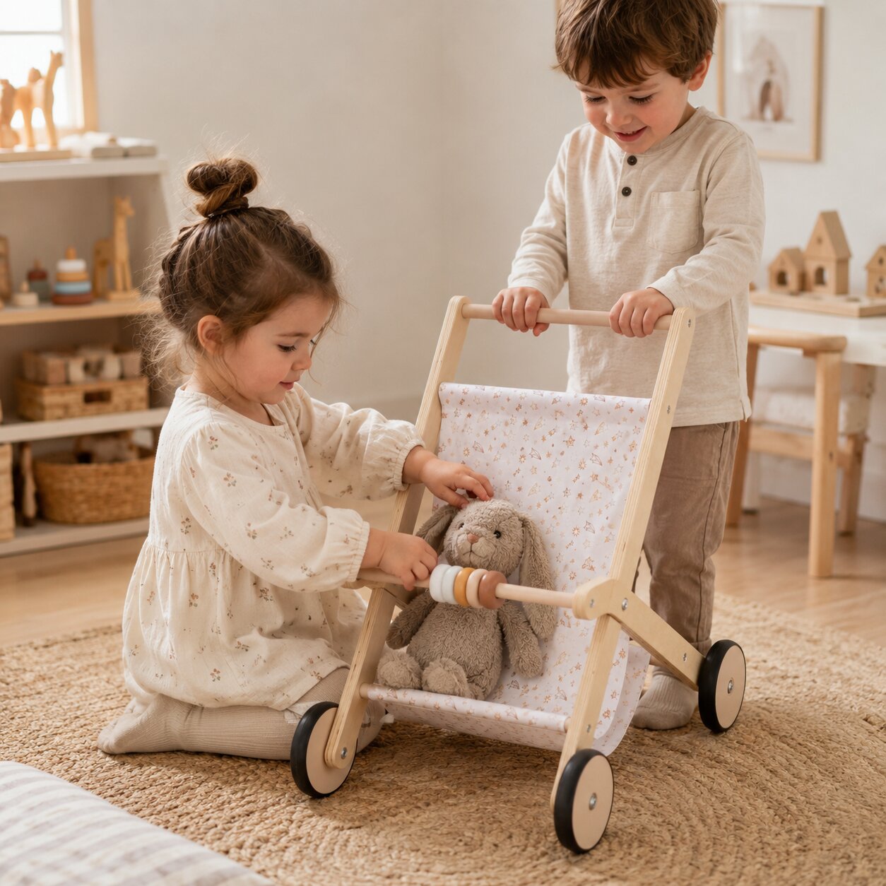 Дървена количка за кукли GINGER HOME с мъниста, текстилен кош, здрава рамка и гладки колела, деца играят в стая