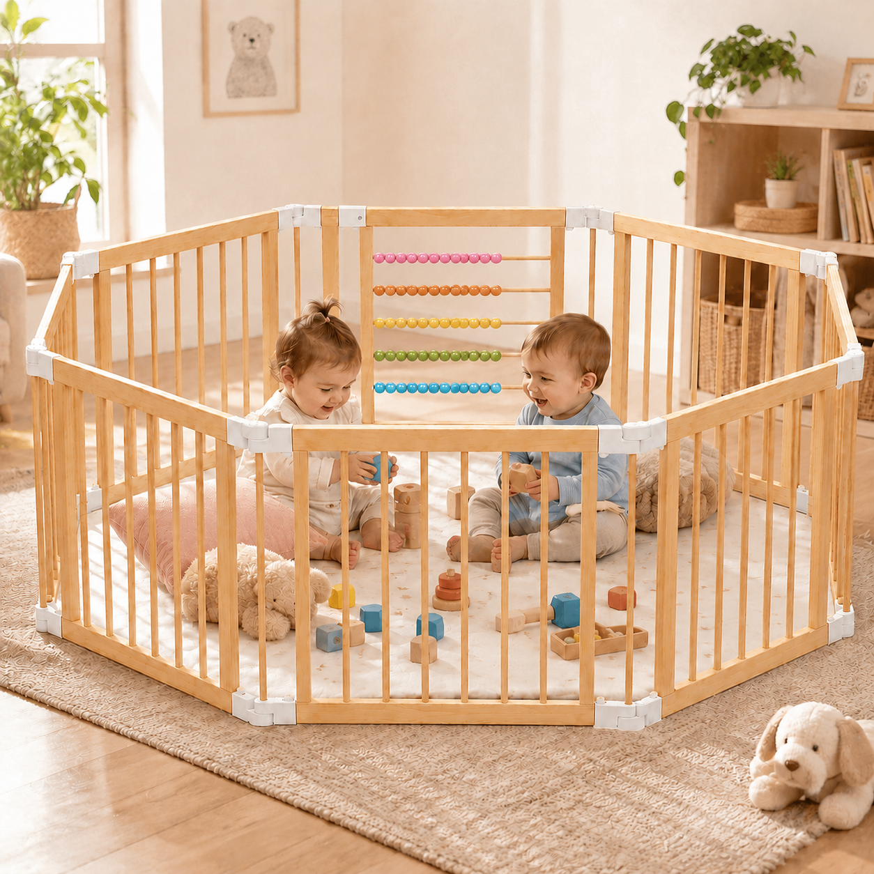 Детска Дървена Кошара за Игра GINGER HOME, 8 Панела, с Вратичка, Бизи Борд и Защитно Заключване, Масивен Новозеландски Бор, 140x140x61 см