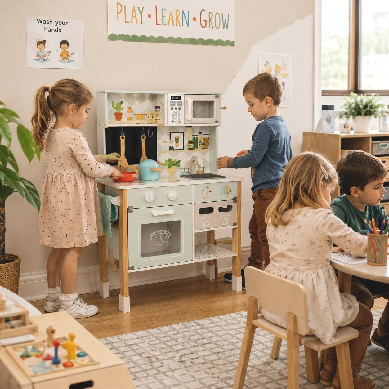 Деца играят с детска дървена кухня GINGER HOME с електронен котлон, микровълнова, мивка и прибори