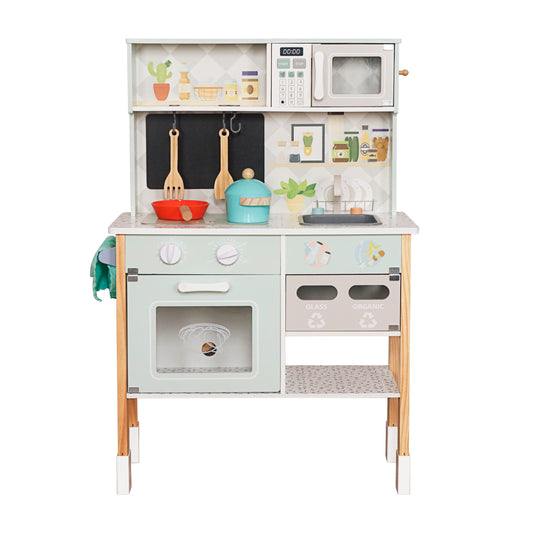 Детска дървена кухня GINGER HOME с електронен котлон, микровълнова фурна, мивка, фурна, сортер и аксесоари