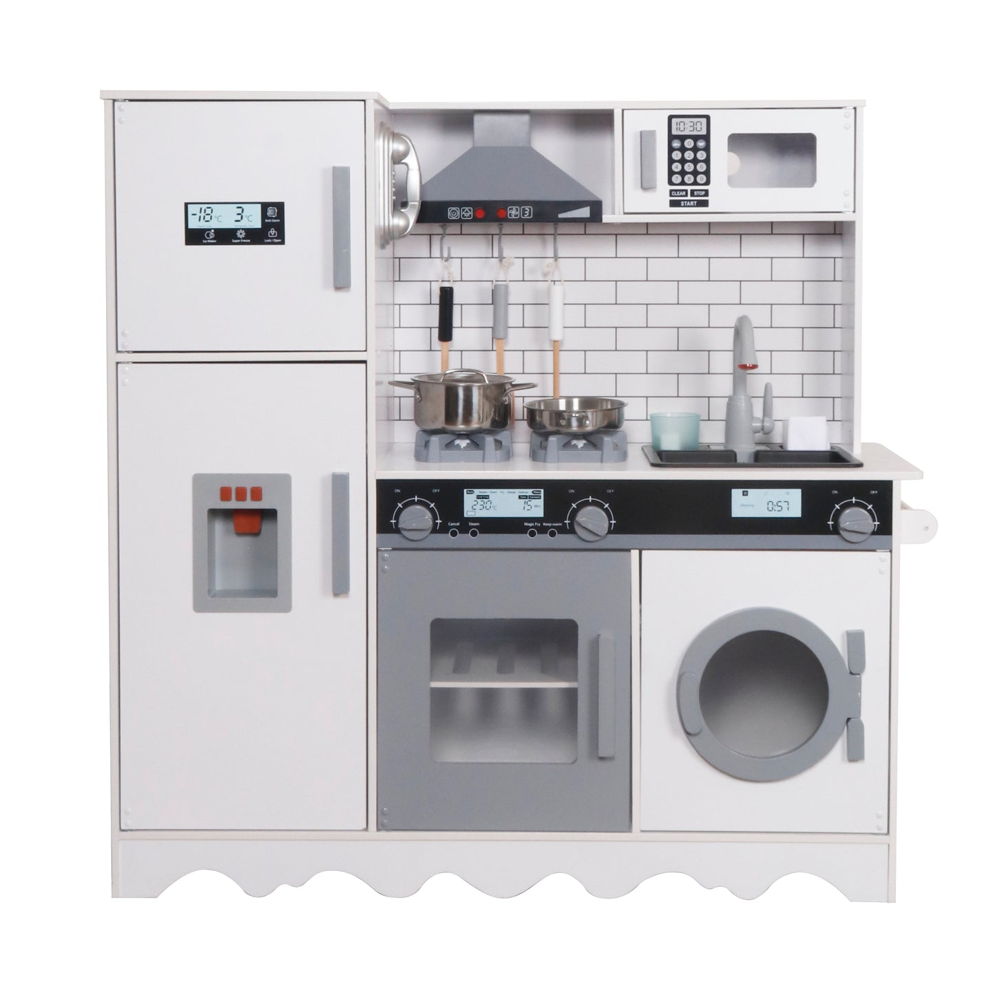 Детска дървена кухня GINGER HOME W10C991 с хладилник, ледогенератор, котлони, мивка, микровълнова, фурна и пералня