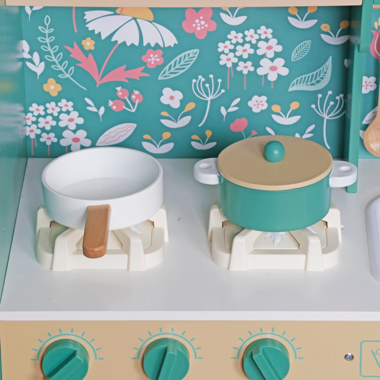 Cucina Giocattolo in Legno GINGER HOME – Stile Vintage con Fornelli Elettronici, Luci e Suoni, 91x31x90 cm