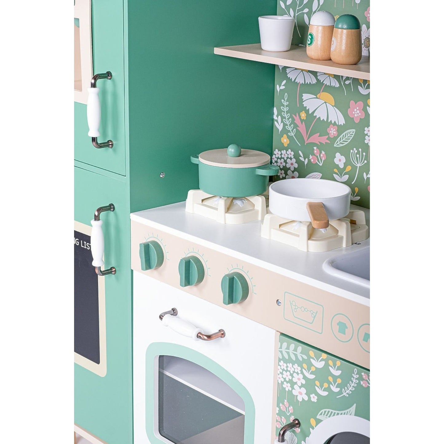 Cucina Giocattolo in Legno GINGER HOME – Stile Vintage con Fornelli Elettronici, Luci e Suoni, 91x31x90 cm