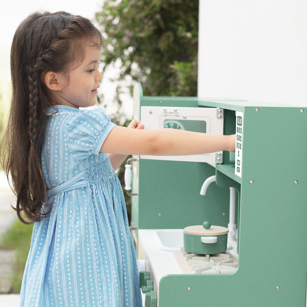 Cucina Giocattolo in Legno GINGER HOME – Stile Vintage con Fornelli Elettronici, Luci e Suoni, 91x31x90 cm