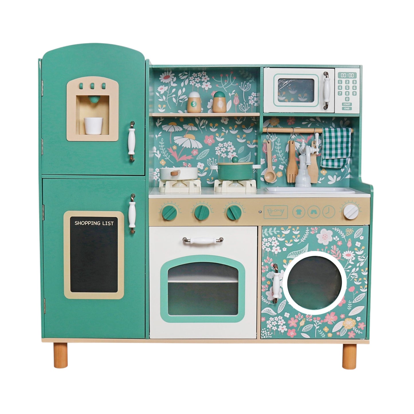 Cucina Giocattolo in Legno GINGER HOME – Stile Vintage con Fornelli Elettronici, Luci e Suoni, 91x31x90 cm