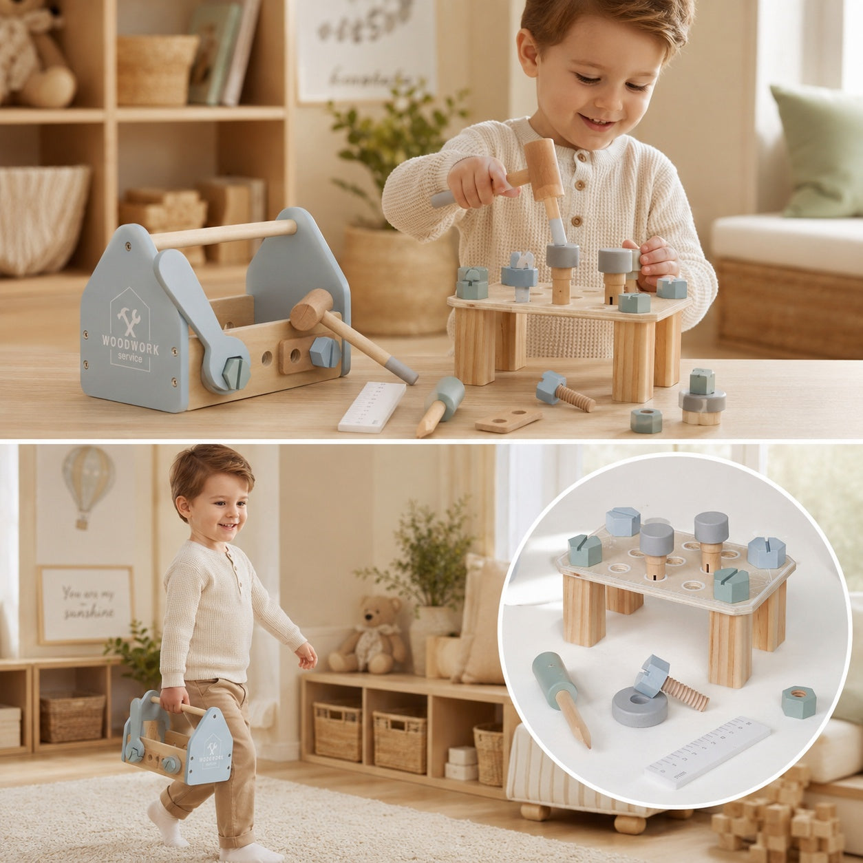 Дете играе с дървена мини работилница GINGER HOME и чукче, с показани аксесоари за сглобяване