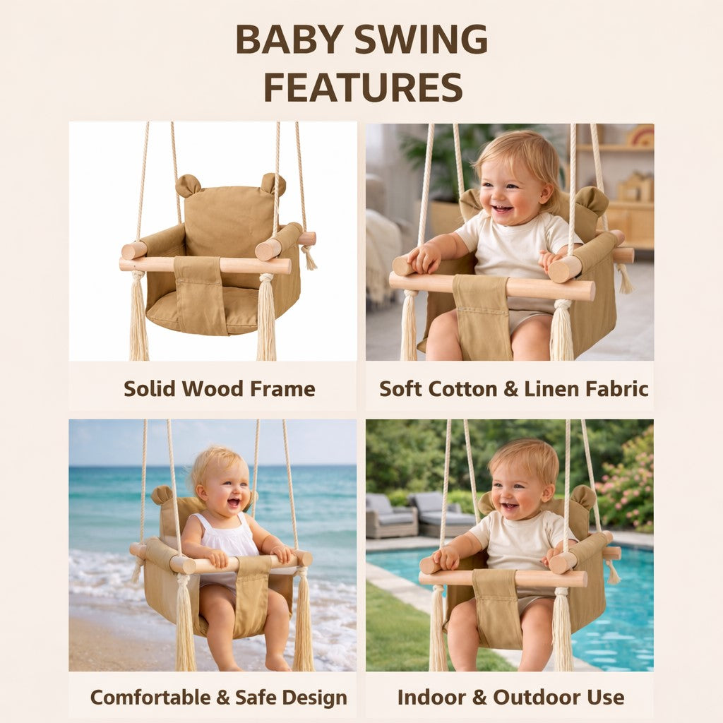 Колаж с основните характеристики и предимства на детска дървена люлка GINGER HOME