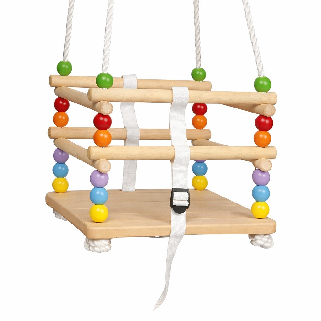 Детска дървена люлка GINGER HOME с предпазни бордове и колан, изглед отпред на бял фон