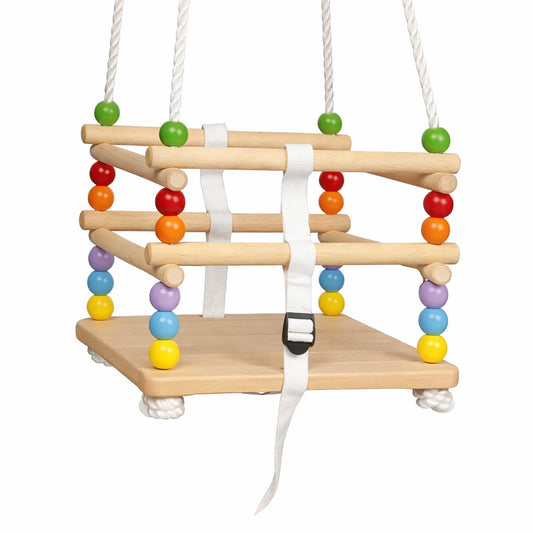 Детска дървена люлка GINGER HOME с предпазни бордове и колан, изглед отпред на бял фон