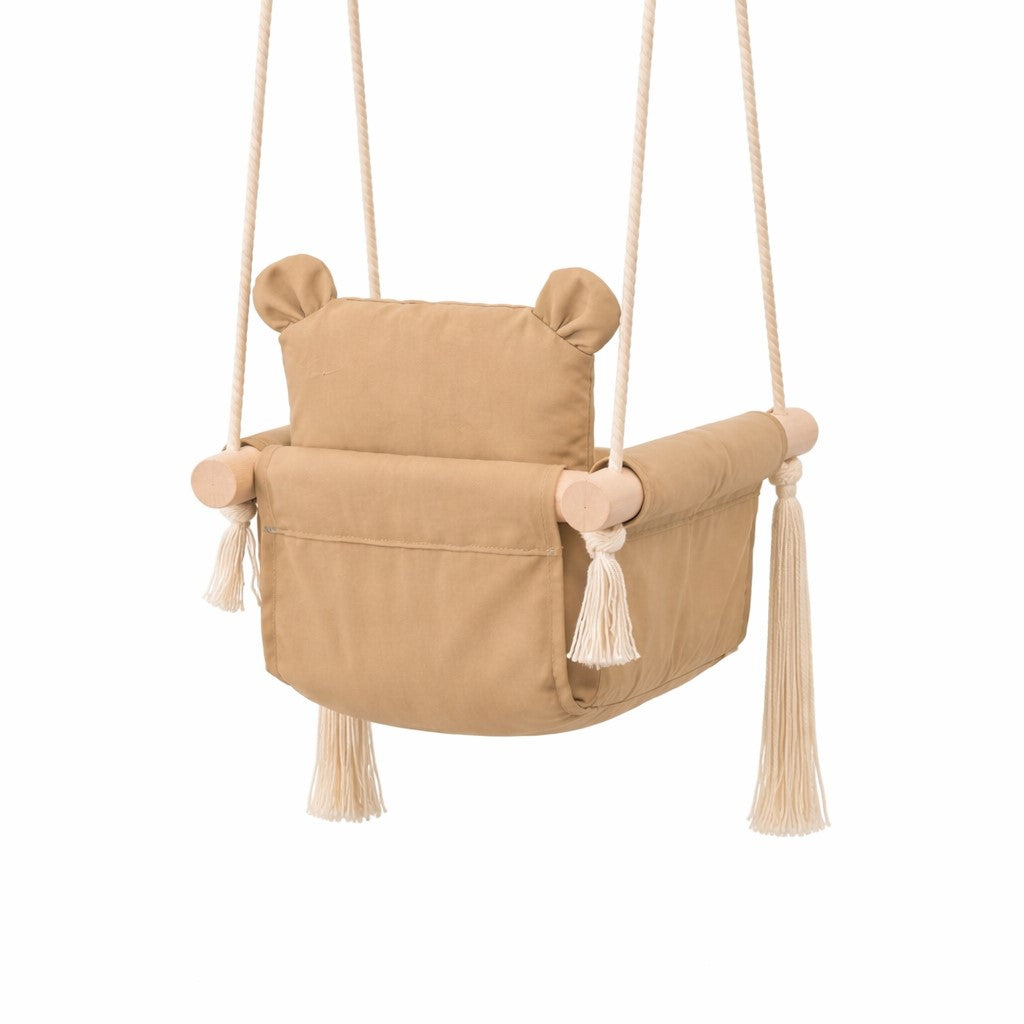 Заден изглед на детска дървена люлка GINGER HOME с облегалка и странични опори за сигурност