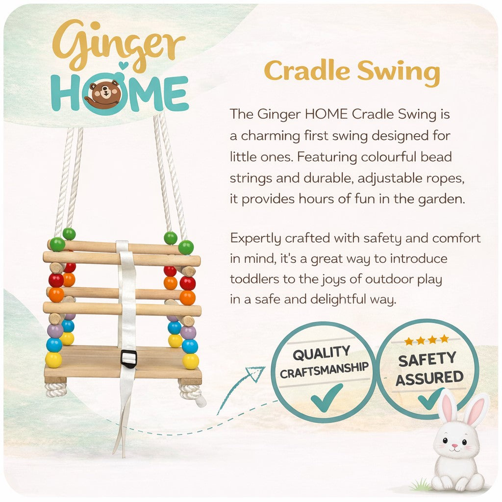 Презентационна визия на детска дървена люлка GINGER HOME с акцент върху качество и безопасност