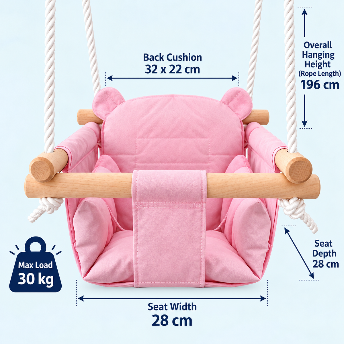 Размери на детска дървена люлка Розово Мече GINGER HOME W01D202 – седалка 28×28 см, височина до 196 см, товароносимост до 30 кг