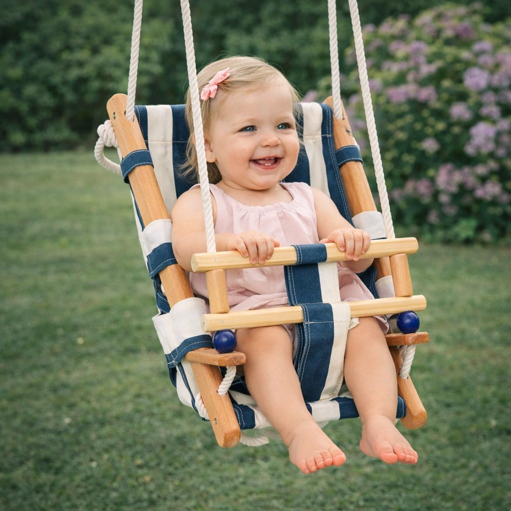 Детска дървена люлка тип шезлонг GINGER HOME с дете – външна употреба
