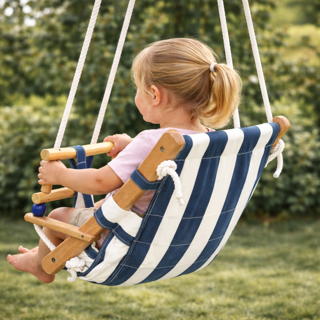Детска дървена люлка тип шезлонг GINGER HOME с дете – задна позиция по време на люлеене